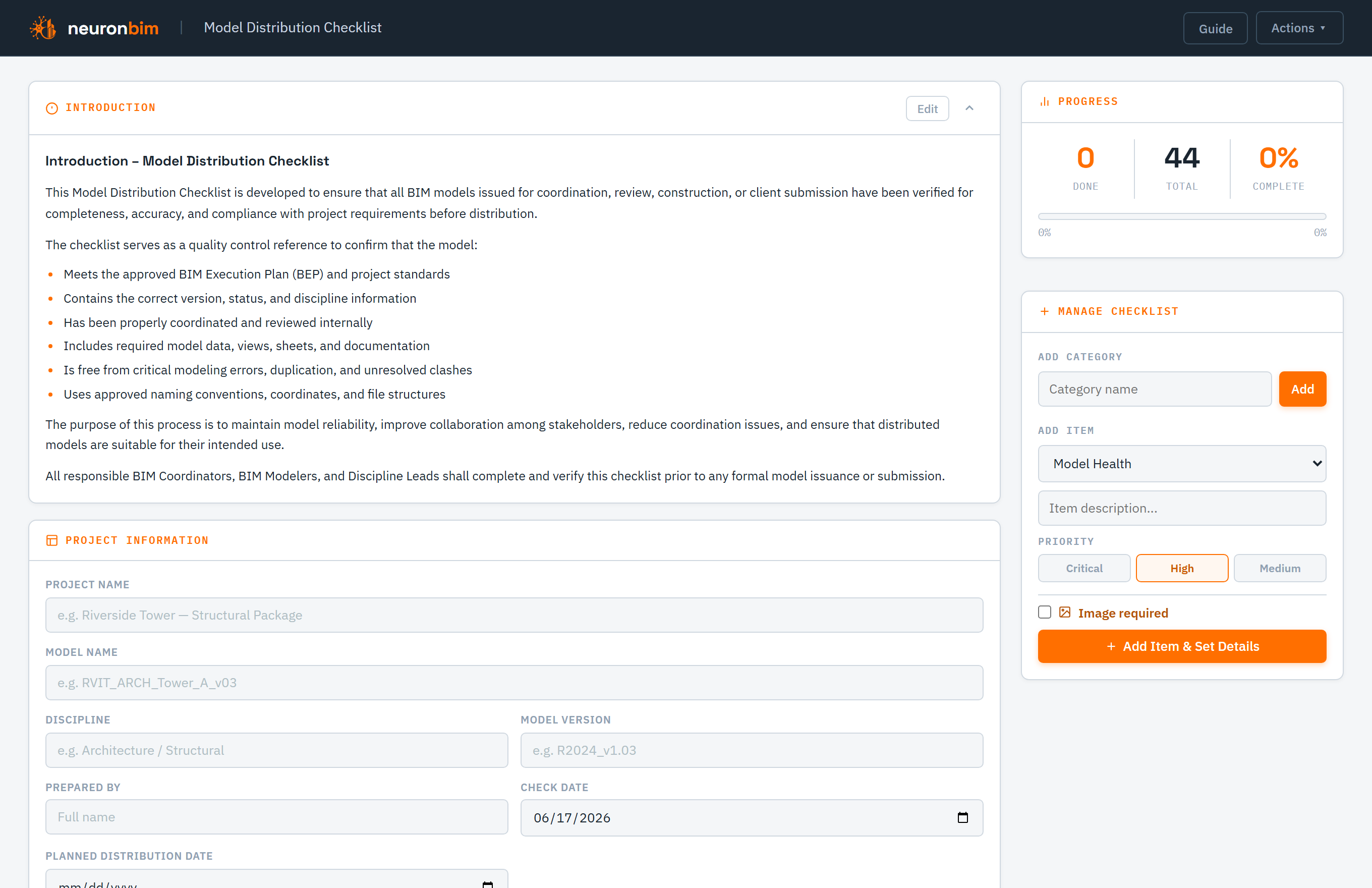 Model Distribution Checklist showing QA/QC items grouped by category with per-item status