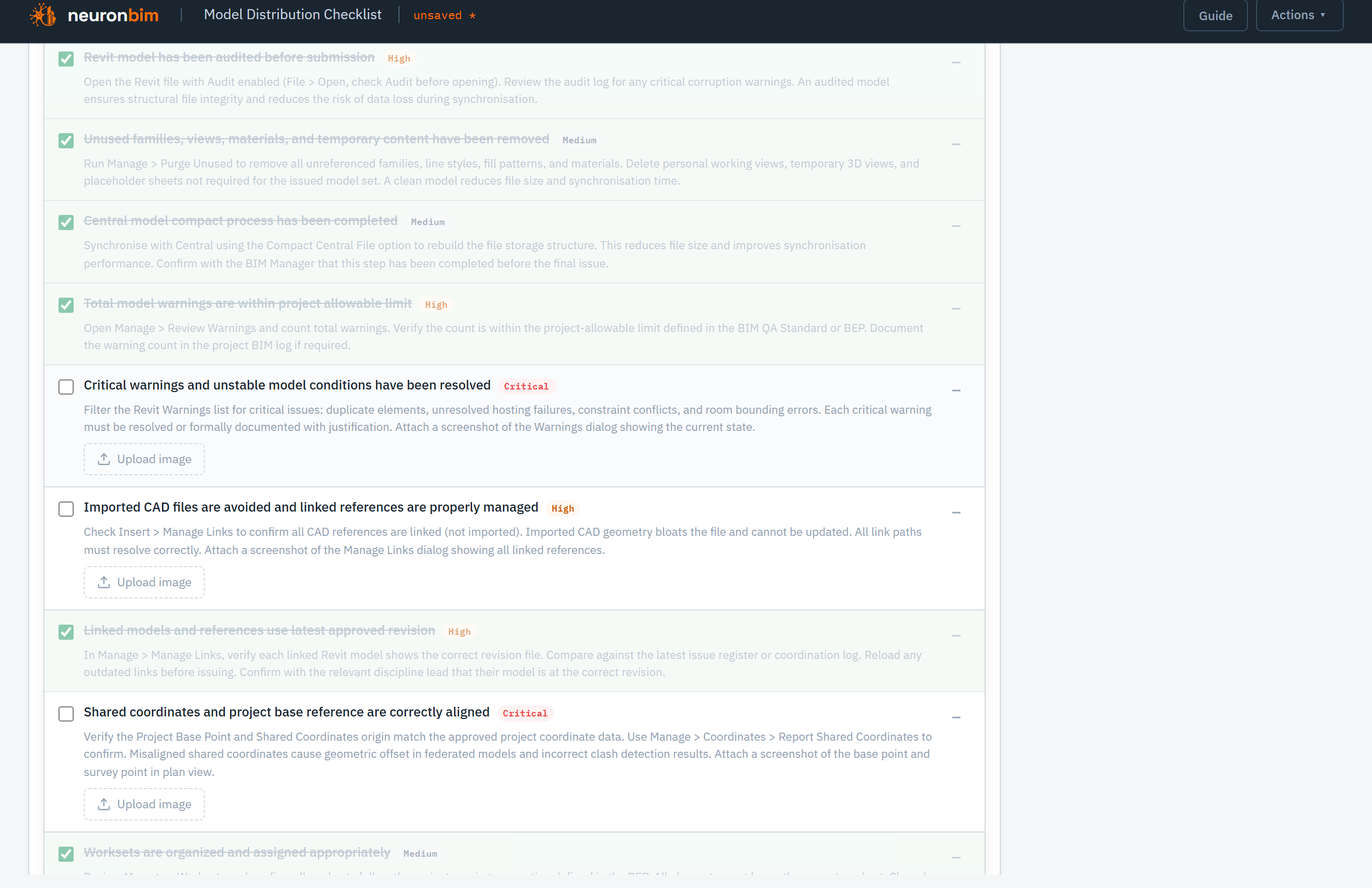 Checklist items grouped by category, each with a status control