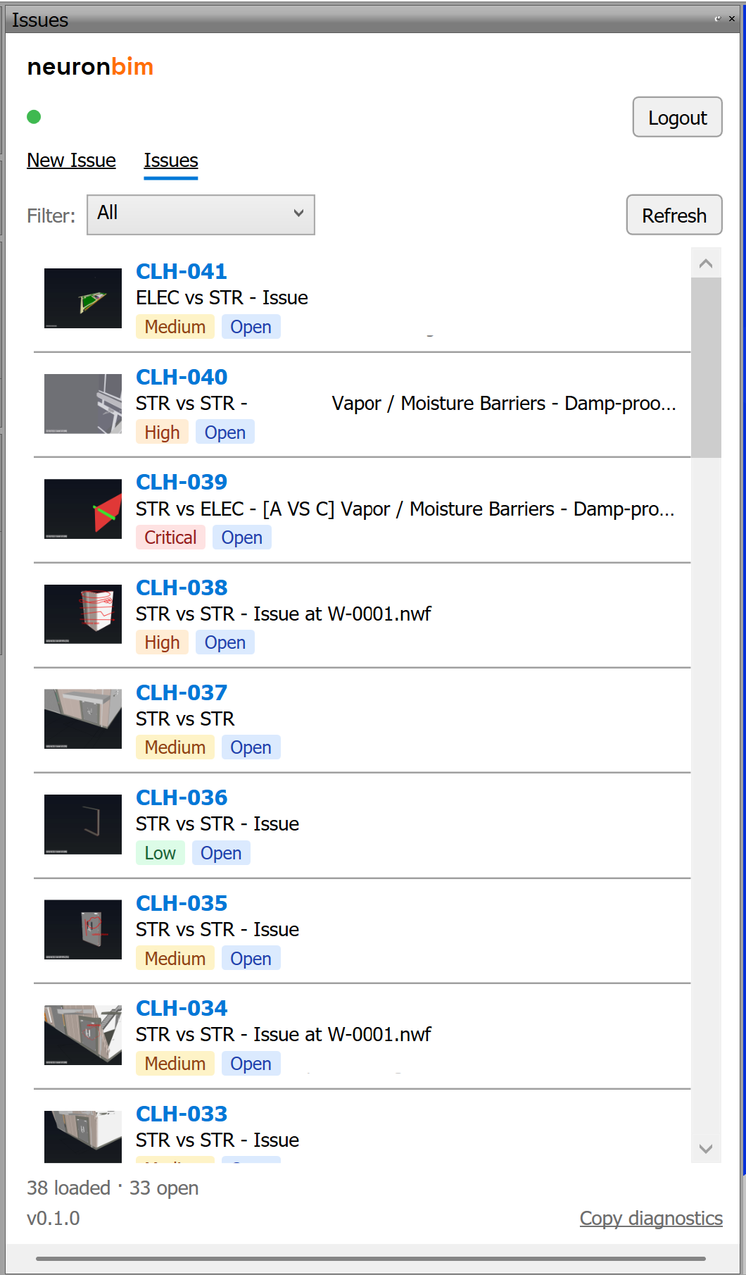 The plugin's Issues list showing collected clashes with status and priority badges